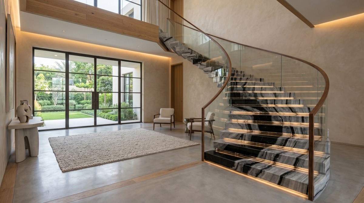 custom marble stair tread and riser with bold grey black and white linear veining