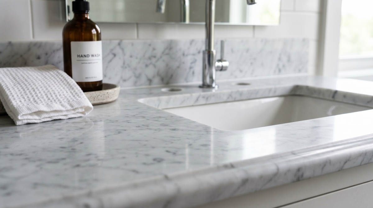 Repeated stone vanity tops prepared for hotel guest room installation
