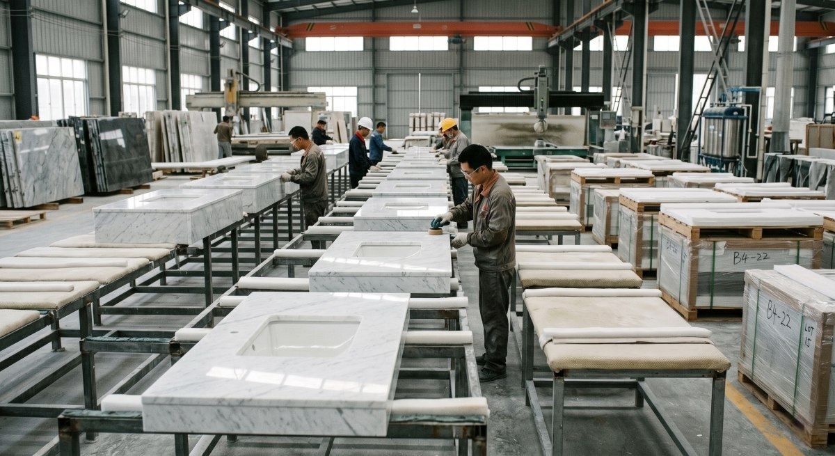 4.Stone factory checking bathroom vanity tops for hospitality project supply 