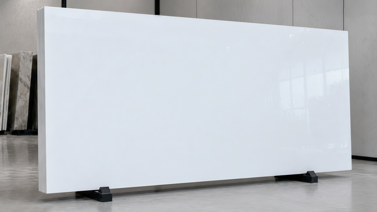 Full slab display of super white artificial marble sheet on factory rack by aoli stone