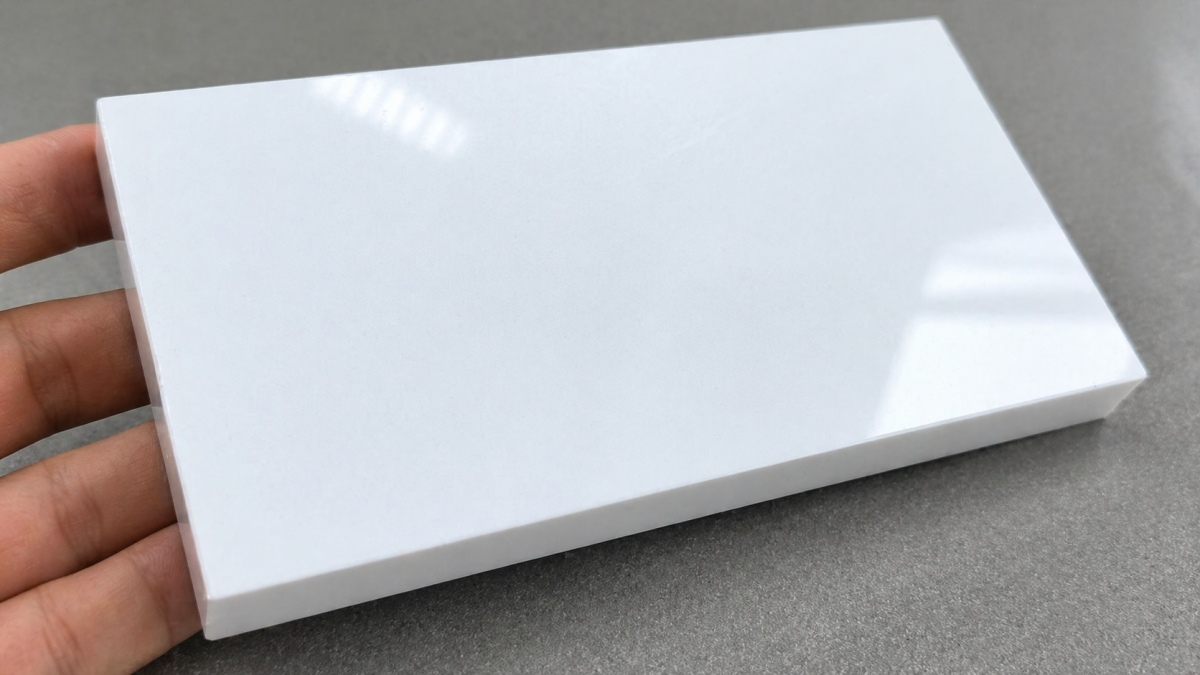 Close-up of polished super white artificial marble surface with smooth texture