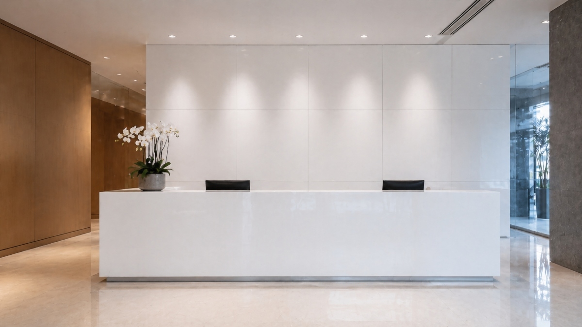 Reception counter made with white engineered marble panels