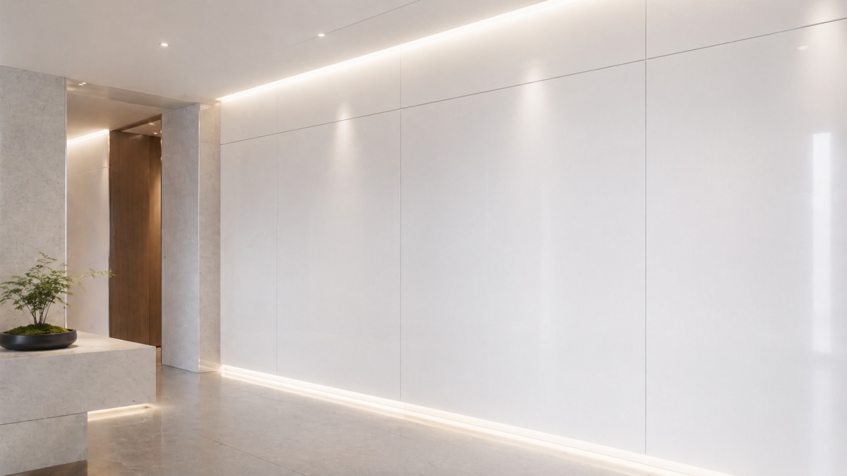 Interior wall cladding project with super white artificial marble panels