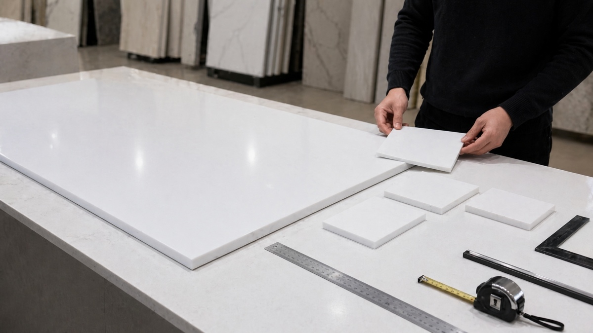 Cut-to-size fabrication of super white artificial marble panels