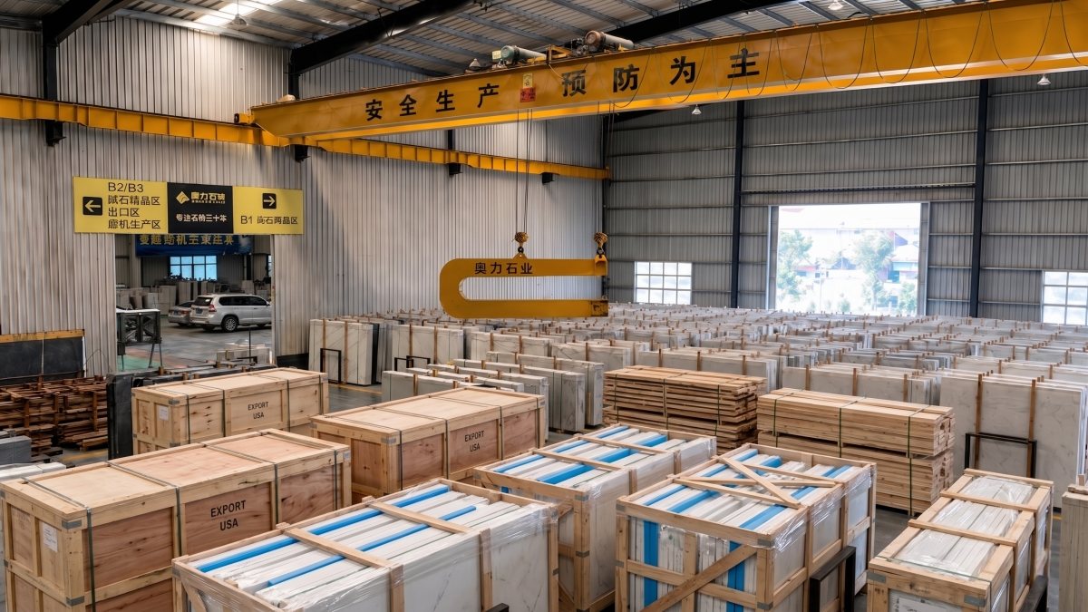 Export packing of super white artificial marble slabs in wooden bundles