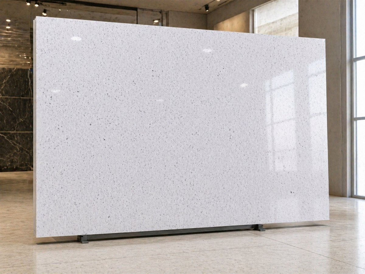 Full slab display of white crystal artificial marble on factory rack