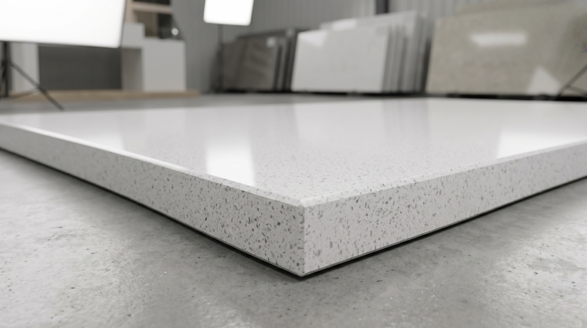 Edge detail of white crystal artificial marble slab showing thickness and polished surface