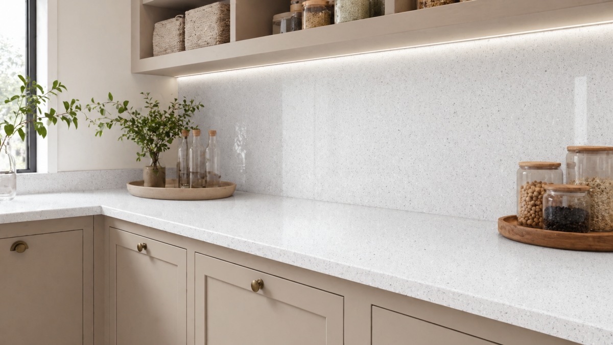 White crystal artificial marble used on a modern pantry countertop and backsplash