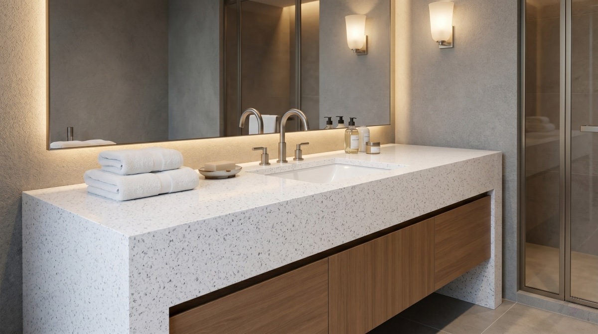 Hotel bathroom vanity top made with white crystal artificial marble
