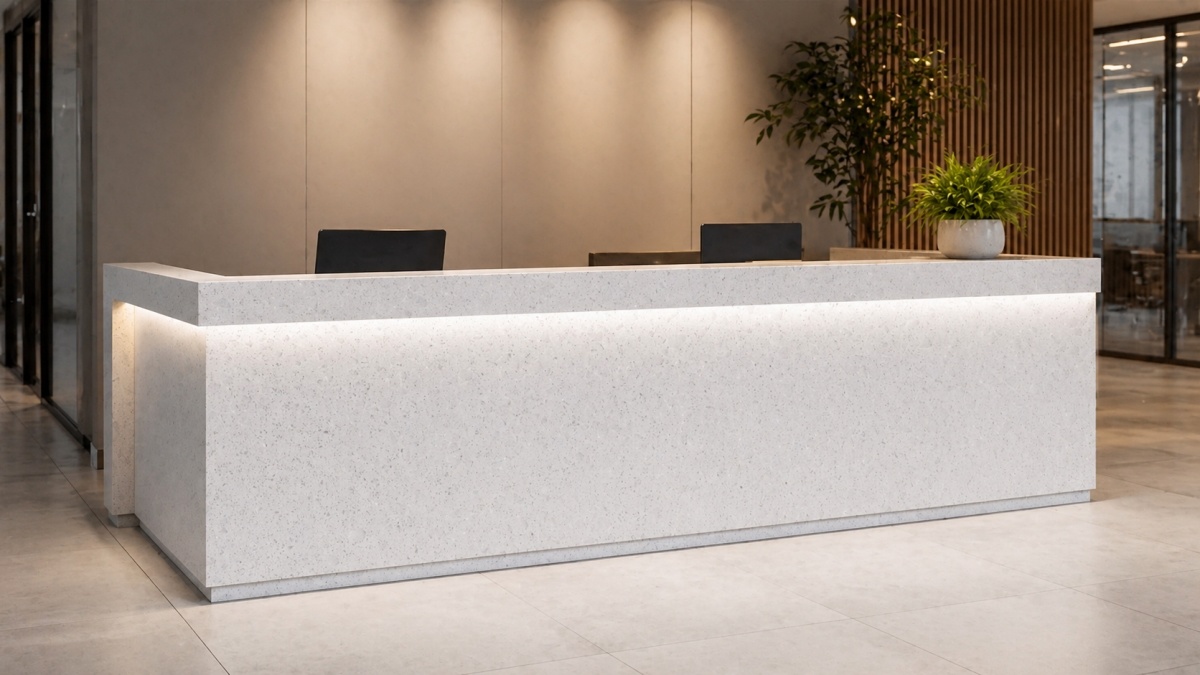 Commercial reception counter with white crystal aggregate artificial marble panels