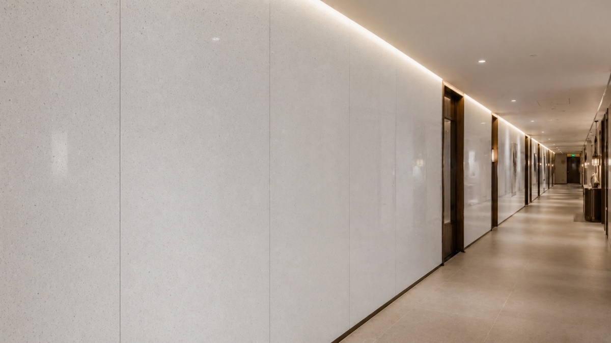 Interior wall panels using white crystal aggregate artificial marble