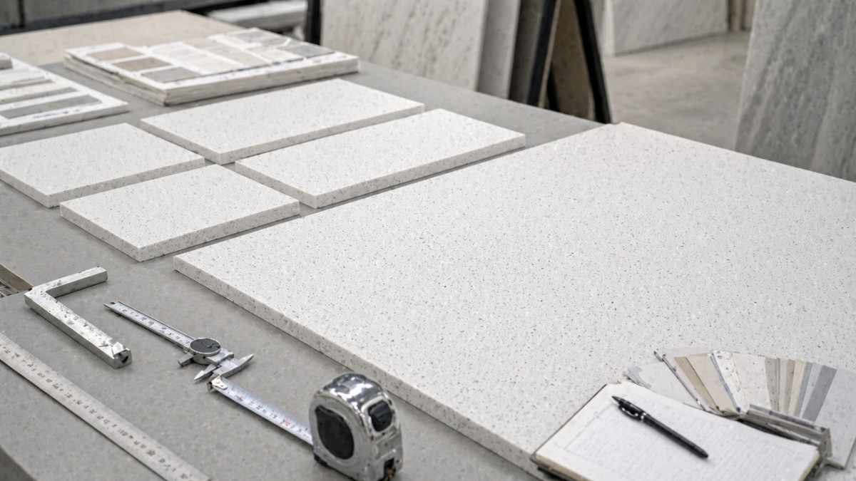 Cut-to-size fabrication of white crystal artificial marble slabs in factory