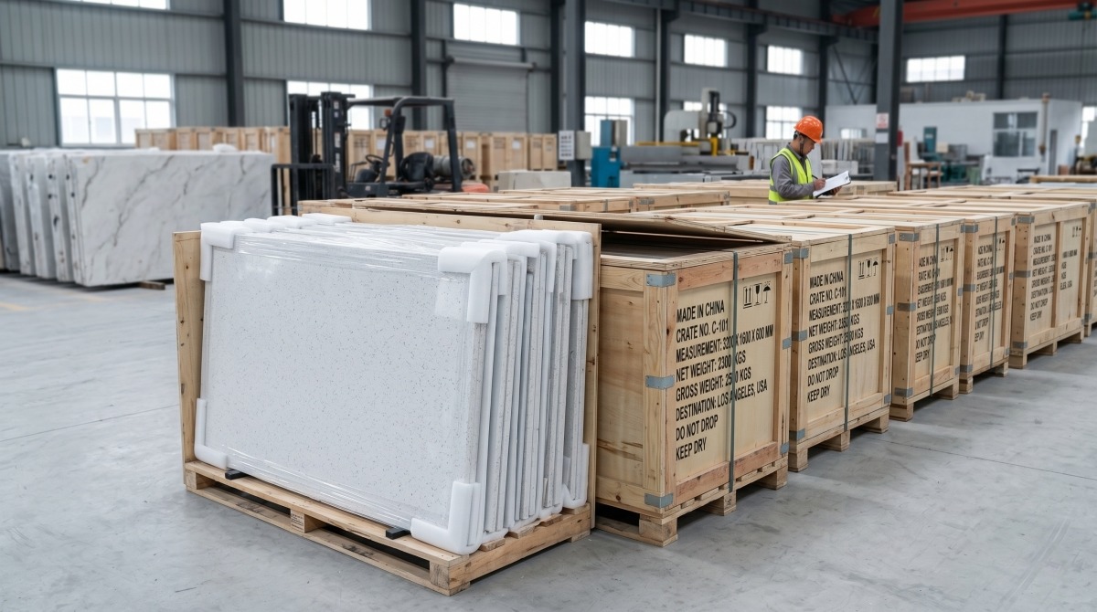 Export packing of white crystal aggregate artificial marble slabs in wooden crates