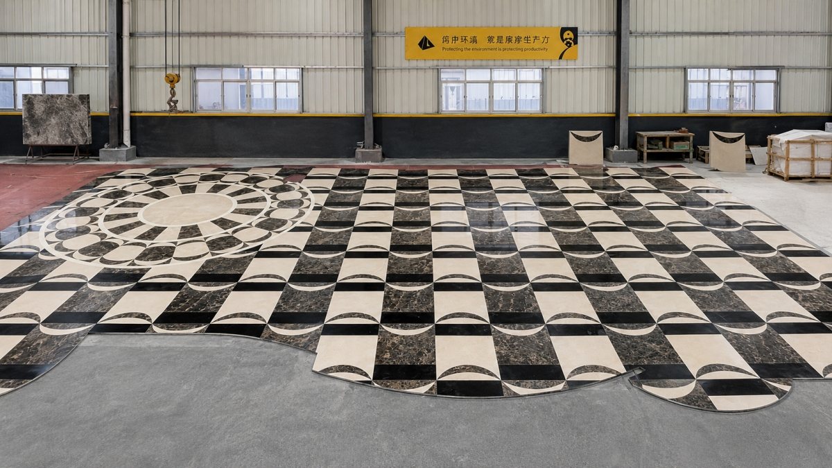 Custom marble waterjet flooring pre-assembled in Aoli Stone factory