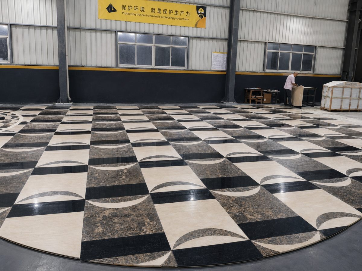 Close view of custom marble waterjet floor pattern and joint alignmen