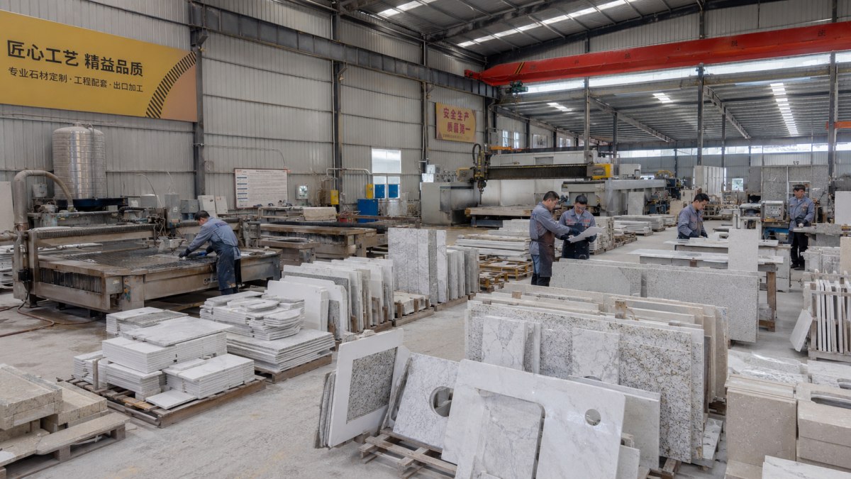 Stone manufacturing workflow for material selection processing and project supply at Aoli Stone