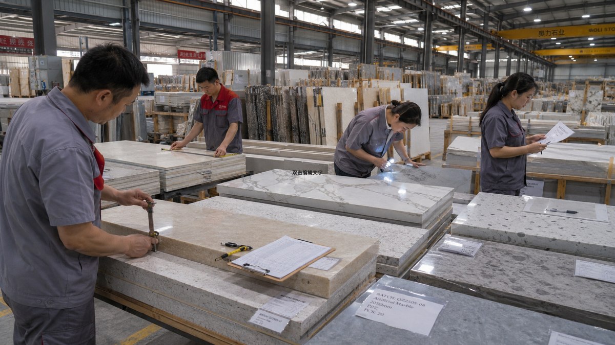 Stone quality control inspection for thickness surface size and color review