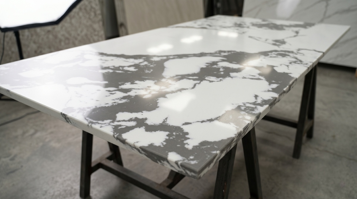 Polished surface detail of Bulgary Vein White Artificial Marble with natural reflection