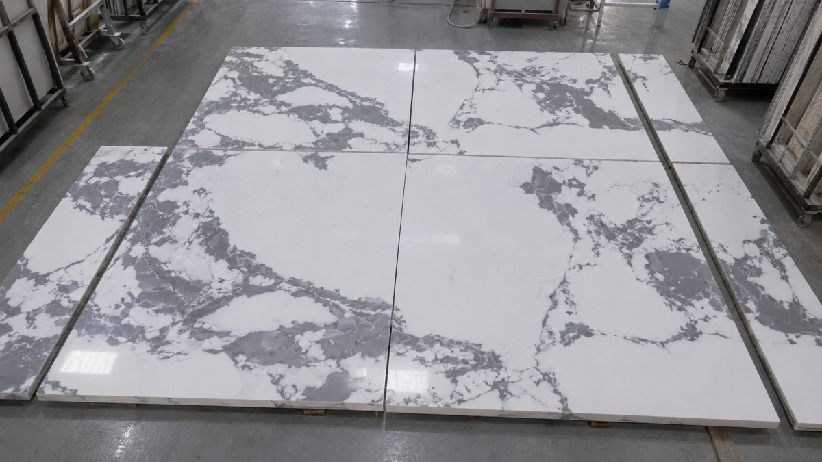 Cut-to-size Bulgary Vein White Artificial Marble panels prepared for interior project use