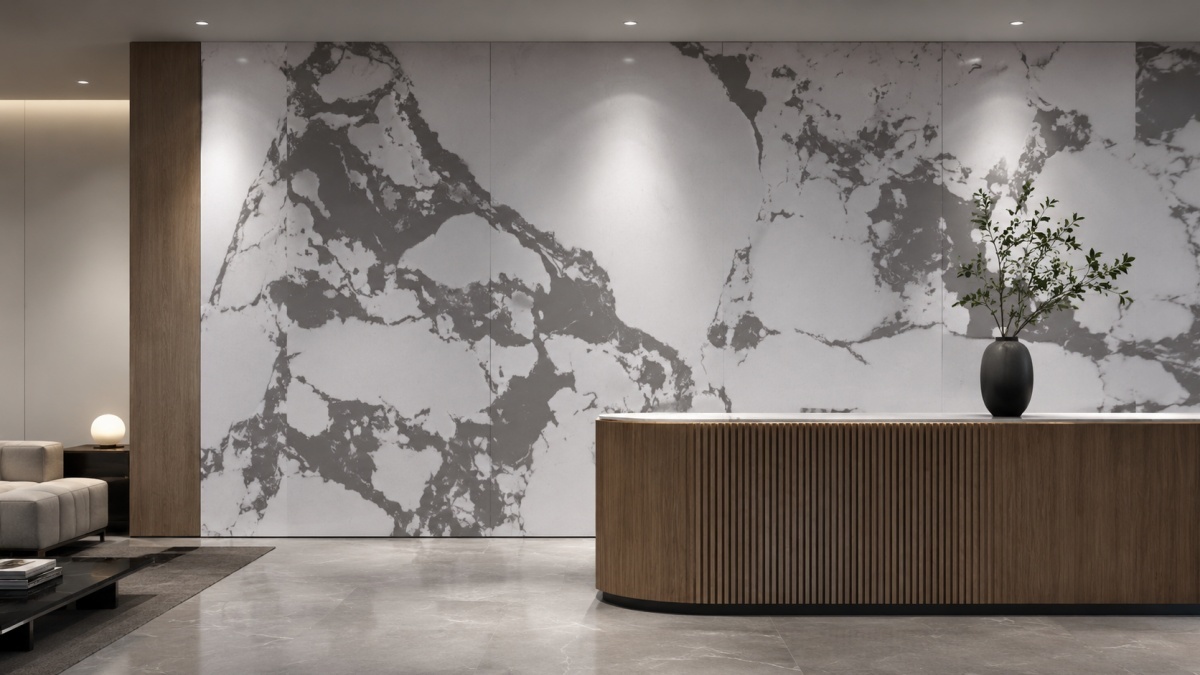 Feature wall application using Bulgary Vein White Artificial Marble panels