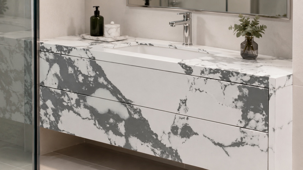 Vanity top made with Bulgary Vein White Artificial Marble in a bathroom interior