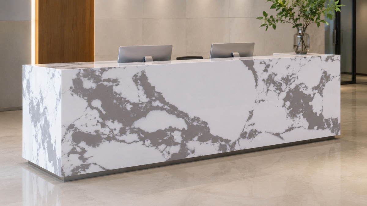 Reception counter using Bulgary Vein White Artificial Marble as a statement surface