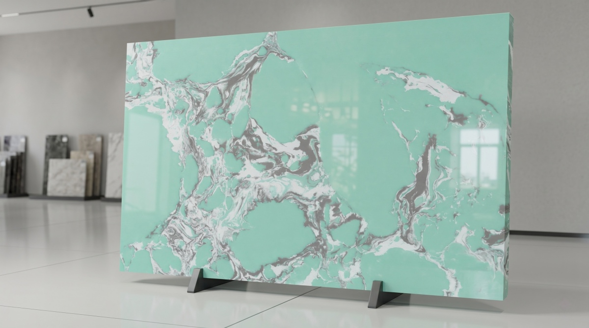 amazon-green-veined-artificial-marble-full-slab Full slab display of Amazon Green Veined Artificial Marble with polished finish