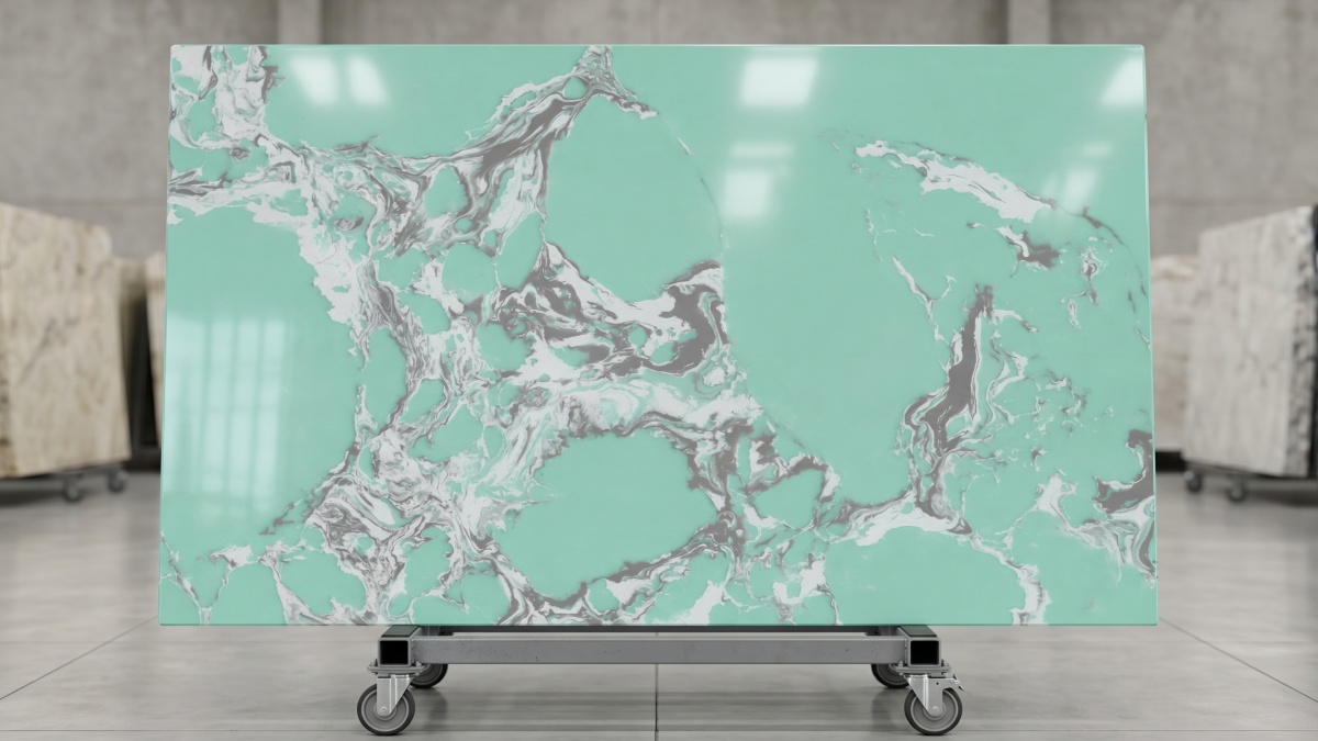 amazon-green-veined-artificial-marble-polished-surface Polished surface detail of Amazon Green Veined Artificial Marble with reflective finish