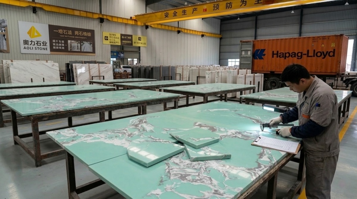 amazon-green-veined-artificial-marble-cut-to-size-panels Cut-to-size Amazon Green Veined Artificial Marble panels prepared for interior project use