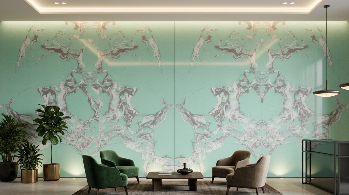 amazon-green-veined-artificial-marble-feature-wall Feature wall application using polished Amazon Green Veined Artificial Marble panels