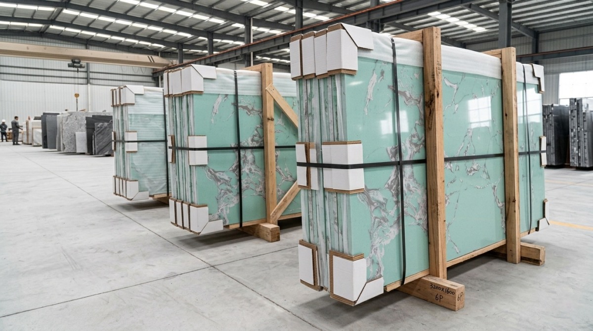 amazon-green-veined-artificial-marble-export-packing Export packing of Amazon Green Veined Artificial Marble slabs in wooden bundles