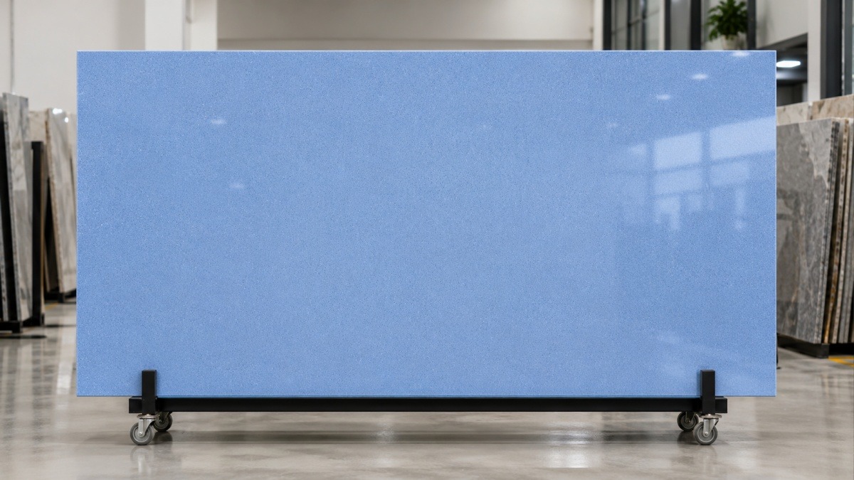 Full slab display of Blue Sky Speckled Man Made Stone in polished finish