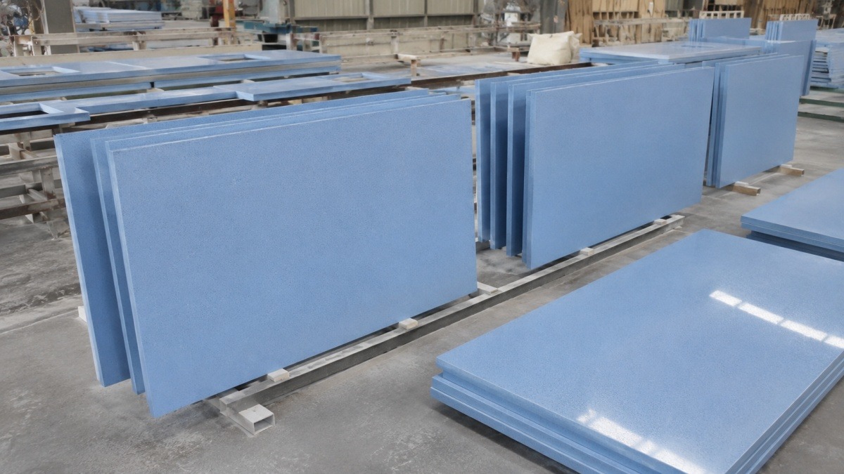 Cut-to-size Blue Sky Speckled Man Made Stone panels prepared for interior project use