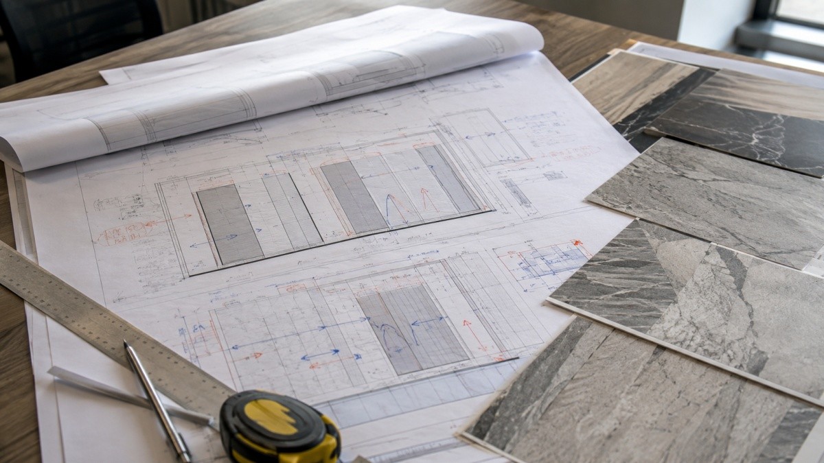 Stone wall elevation drawings reviewed with slab photos and layout notes