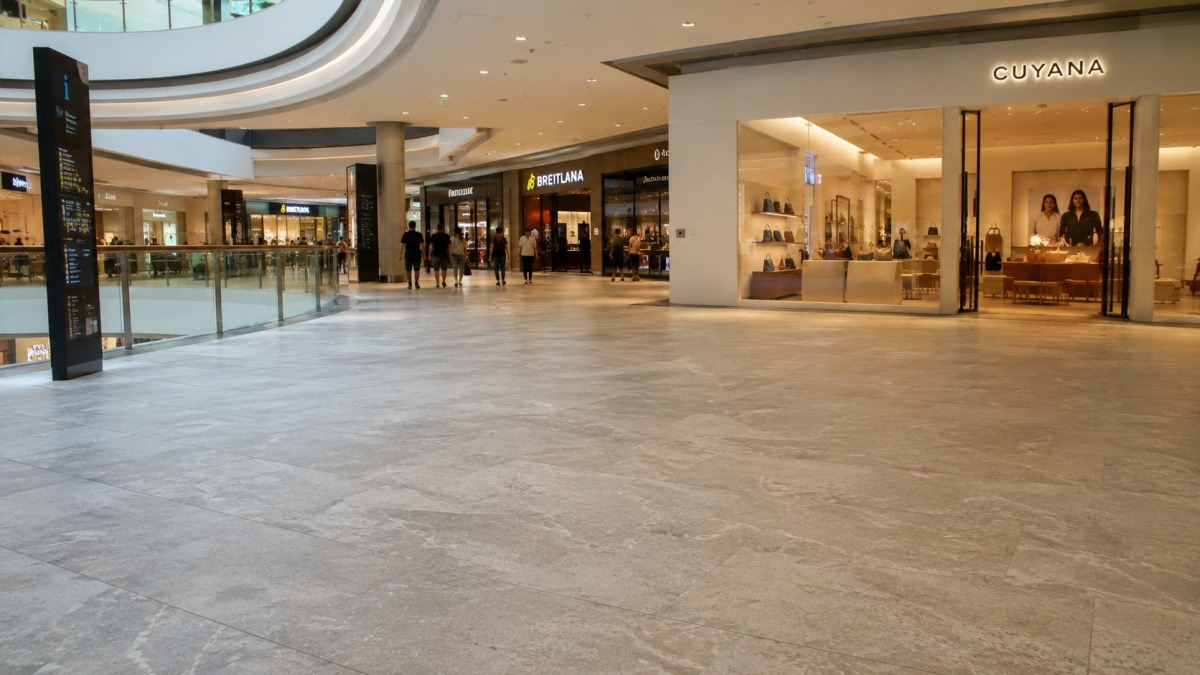 Shopping mall interior with large-area stone flooring in a commercial public space
