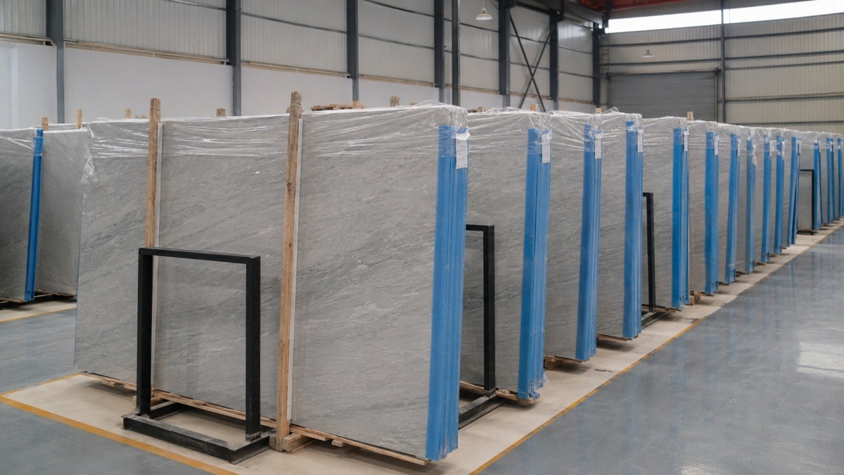 Stone flooring materials packed and organized for export in a commercial project supply setting
