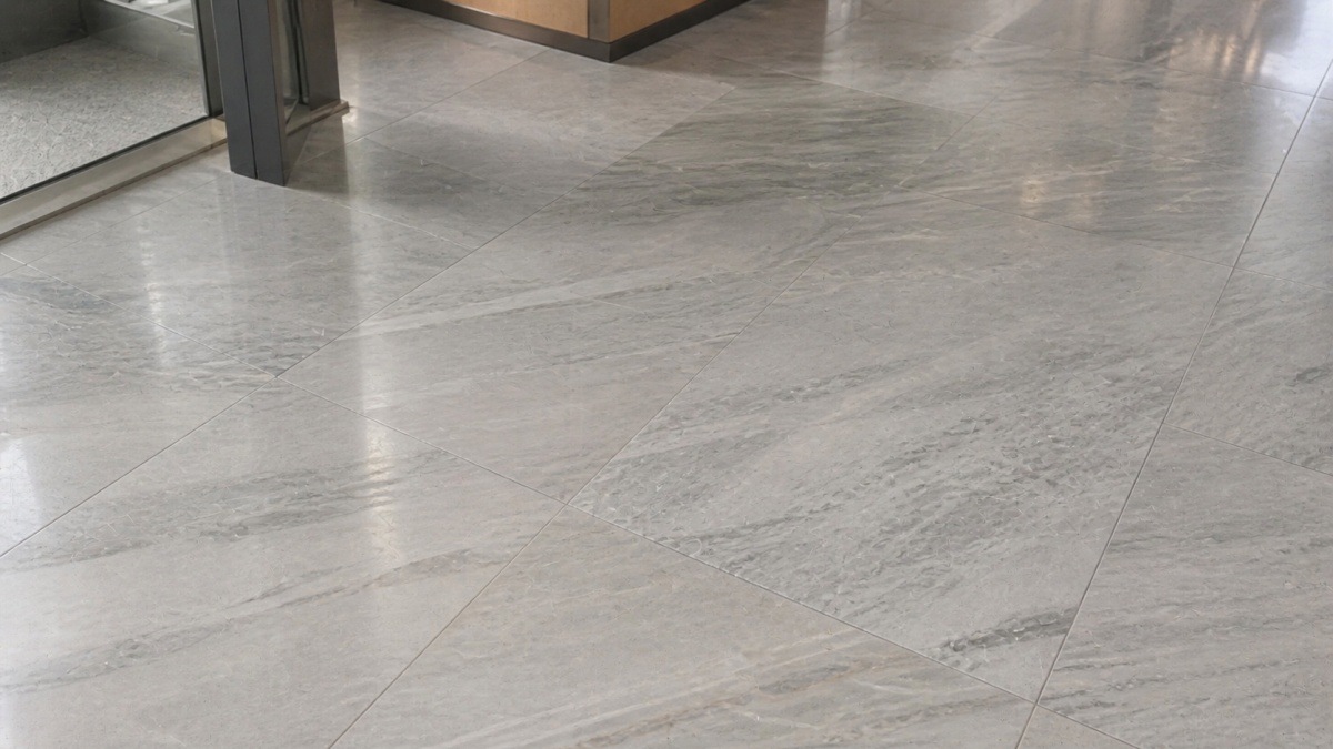 Close-up detail of stone flooring joints and finish quality in a commercial interior