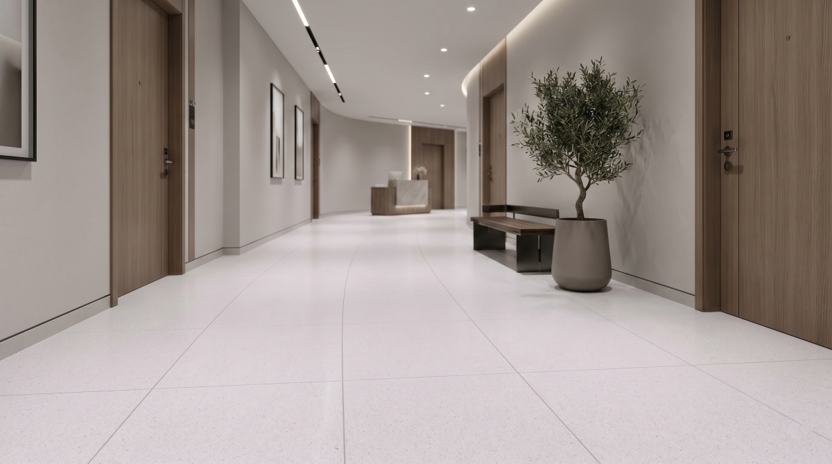 huaishan-white-artificial-marble-floor-tiles Interior floor tiles using Huaishan White Artificial Marble in a commercial space