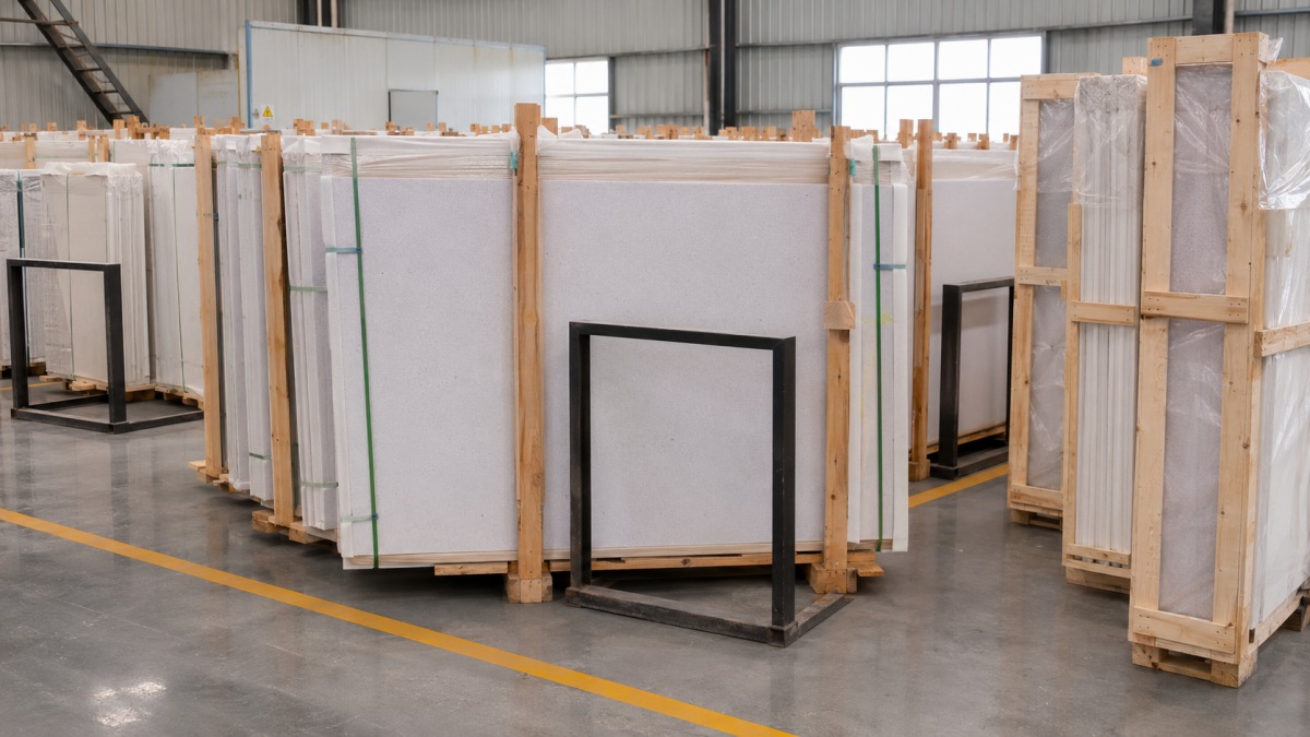 huaishan-white-artificial-marble-export-packing Export packing of Huaishan White Artificial Marble slabs and tiles in wooden crates