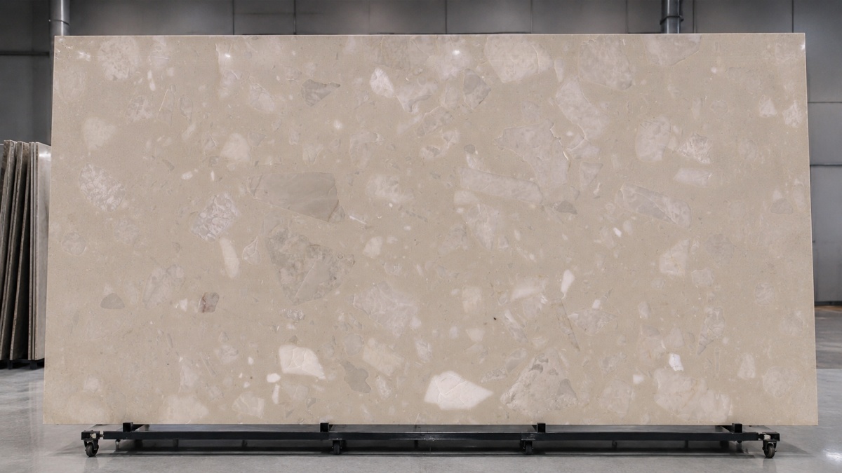 Full slab display of Ultraman Beige Decorative Artificial Stone in polished finish