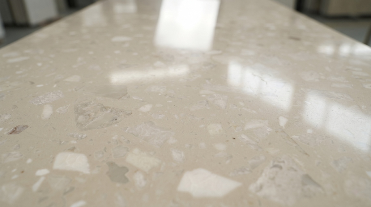 Close-up texture of Ultraman Beige Artificial Stone showing light shell-chip aggregate