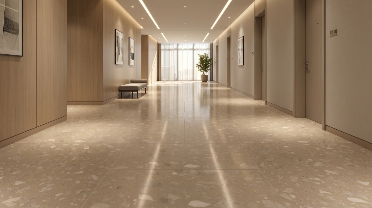 Interior floor tiles made with beige decorative artificial stone