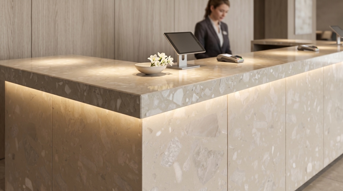Reception counter using warm beige decorative artificial stone