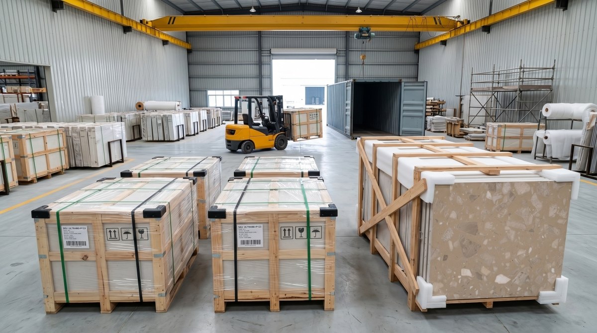 Export packing of Ultraman Beige Decorative Artificial Stone slabs and tiles in wooden crates
