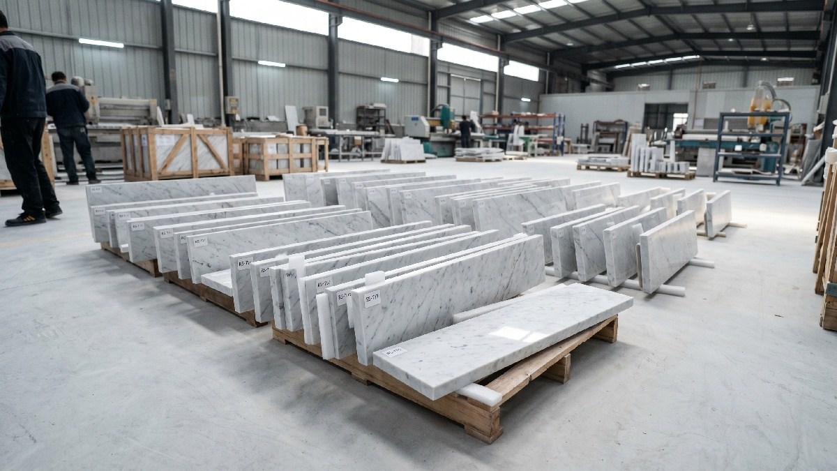 Numbered stone staircase treads and risers arranged before packing