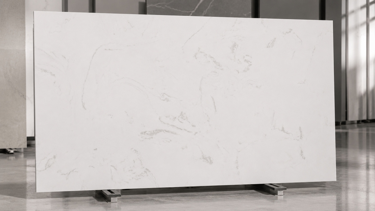 Alpine White Artificial Marble with soft white base and light grey veining