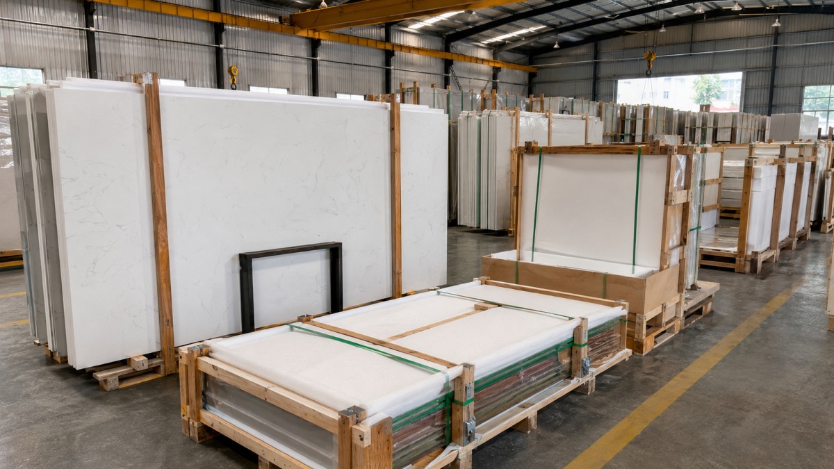 Factory inspection of Alpine White Artificial Marble slabs before packing
