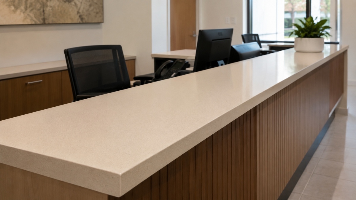fine-grain-beige-artificial-stone-counter-surface Fine grain beige artificial stone counter surface detail