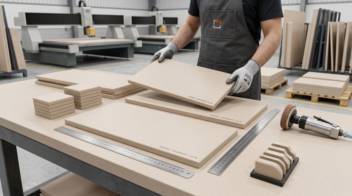 cut-to-size-beige-artificial-stone-polished-edge Cut-to-size beige artificial stone sheet with polished edge detail