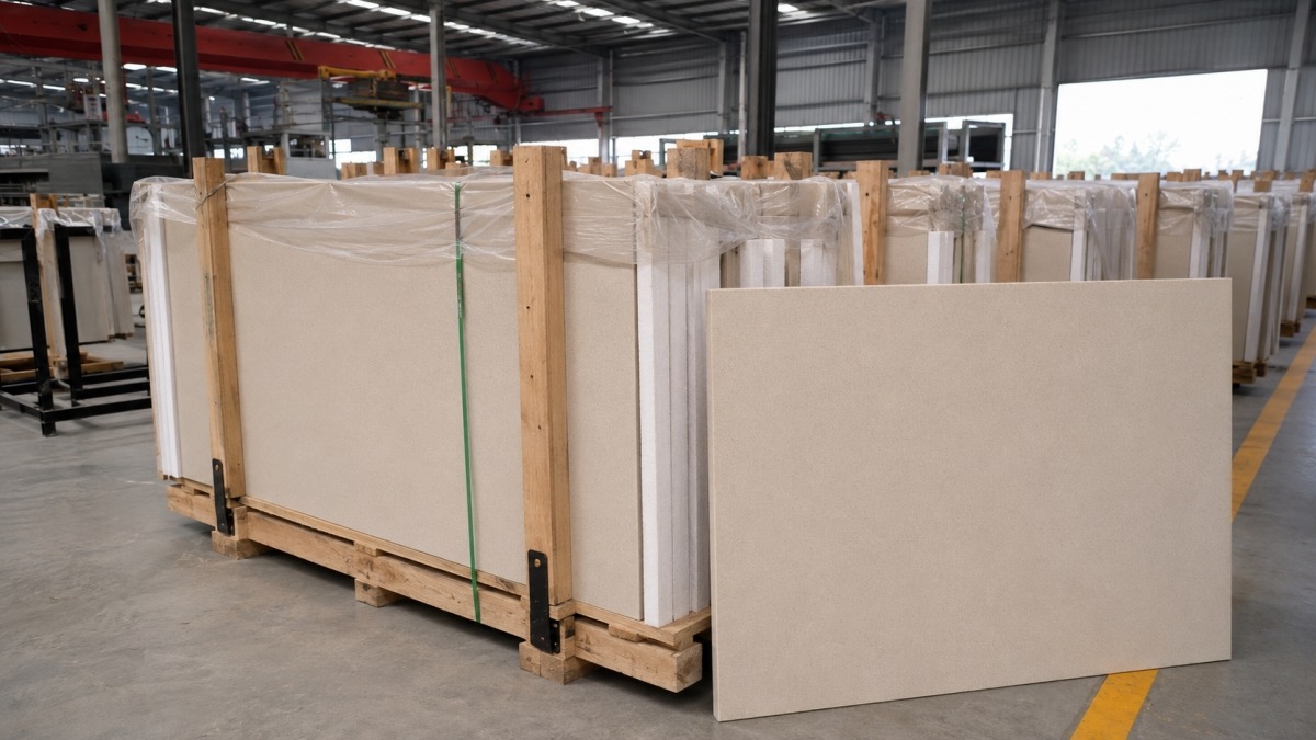 beige-artificial-stone-sheet-inspection-export Beige artificial stone sheet inspection before export packing